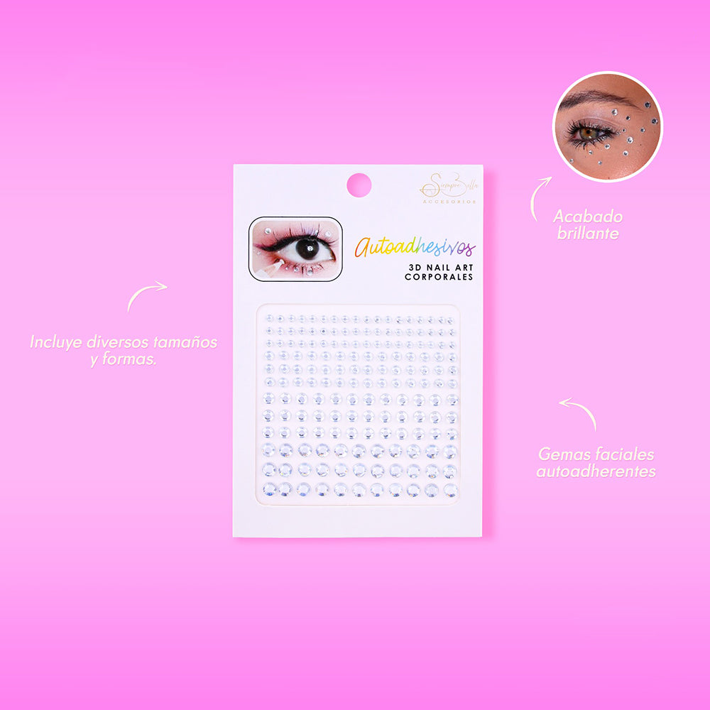Set de gemas faciales autoadhesivas 3D tipo diamante en diversos tamaños con acabado brillante sobre fondo rosa — Siempre Bella Accesorios