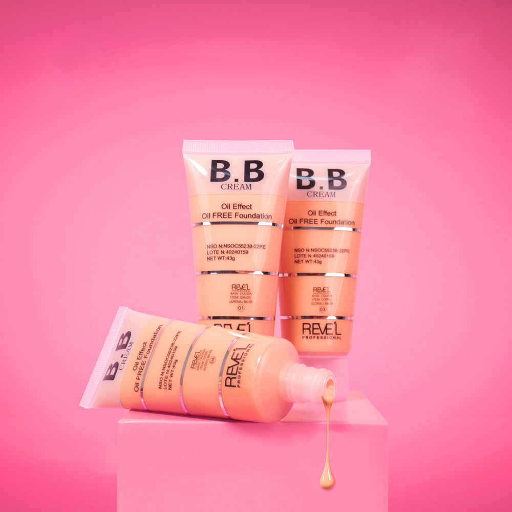 BB Cream Oil Free Foundation 43g Reve'l Professional en tonos Sandy, Coral y BA-04 para pieles mixtas a grasas