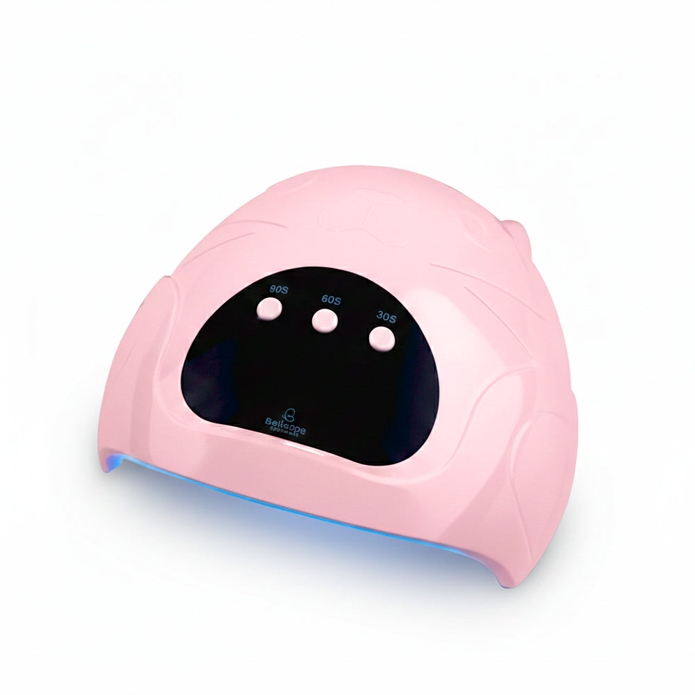 Lámpara UV LED para uñas Bellespa Cosmetics diseño osito variante Rosa Suave con panel táctil negro, luz LED azul en la base y 3 temporizadores 30S 60S y 90S