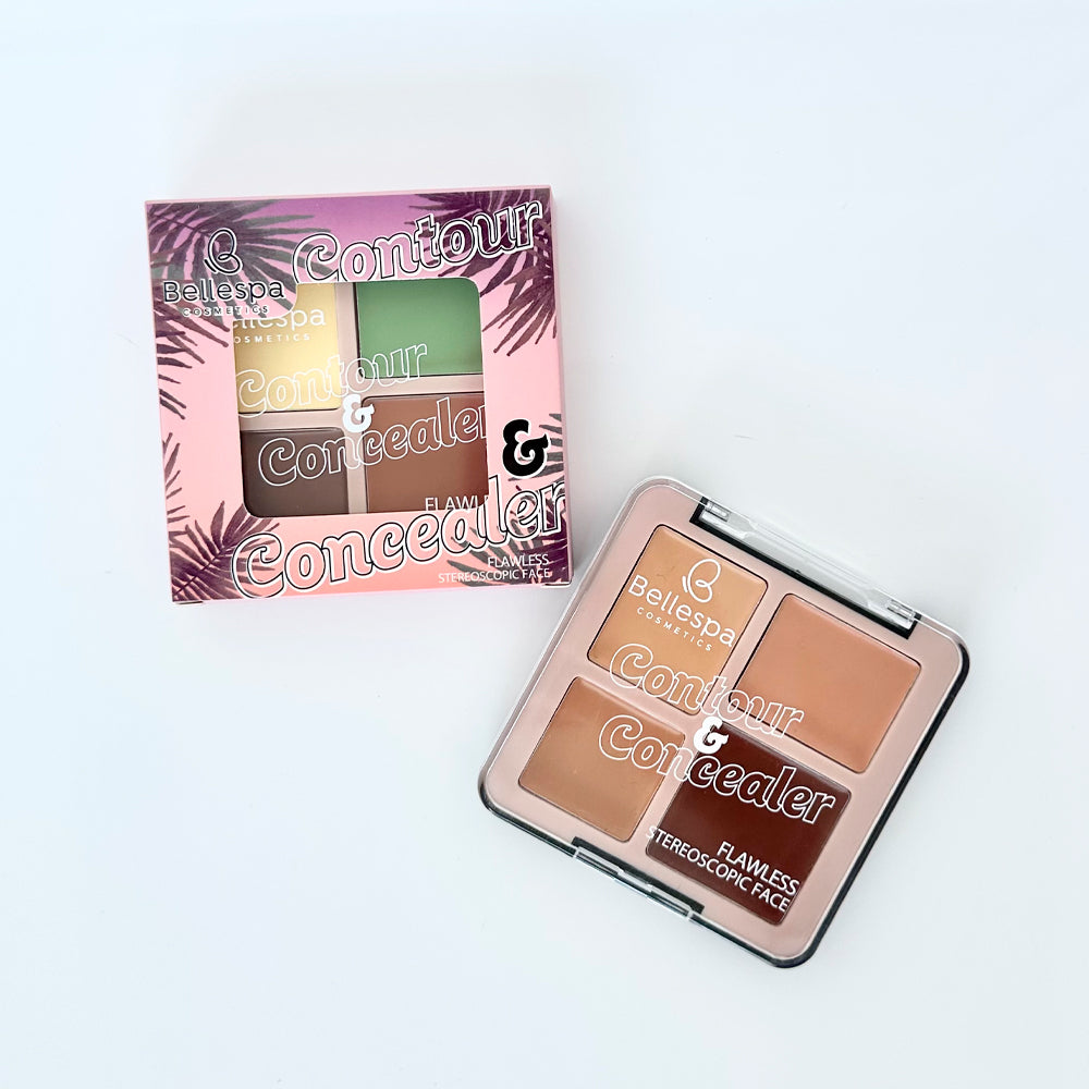 Paleta Contour & Concealer Flawless Stereoscopic con caja tropical abierta — Bellespa Cosmetics