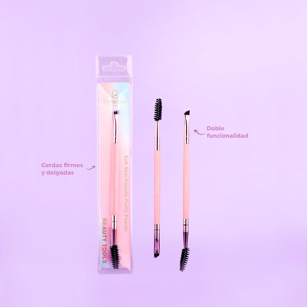 Brocha de cejas doble punta con spoolie Bellespa Beauty Tools en empaque blister, con cerdas firmes y delgadas, mango rosa rosado.