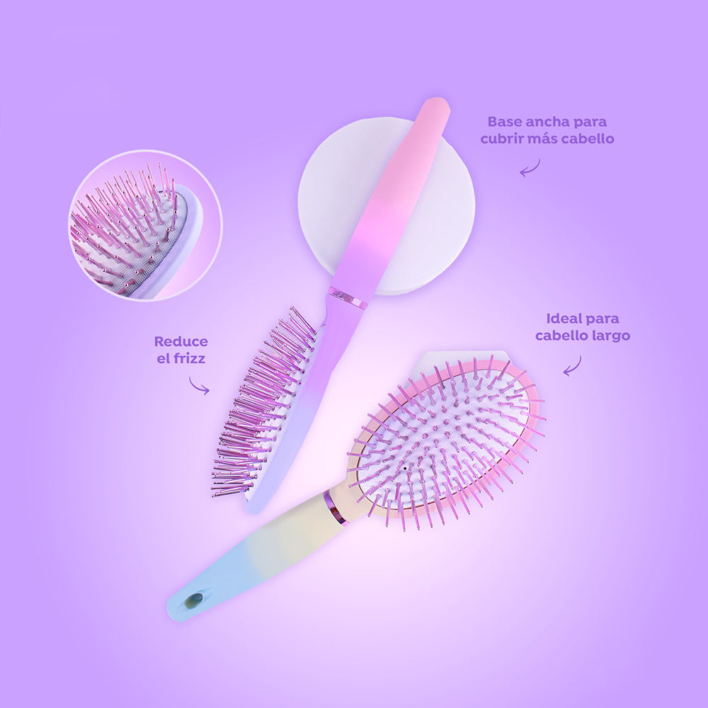 Cepillo de Cabello Arcoíris Antifrizz Base Ancha – Dos cepillos con mango degradado en colores pastel y cerdas rosas, fondo lila
