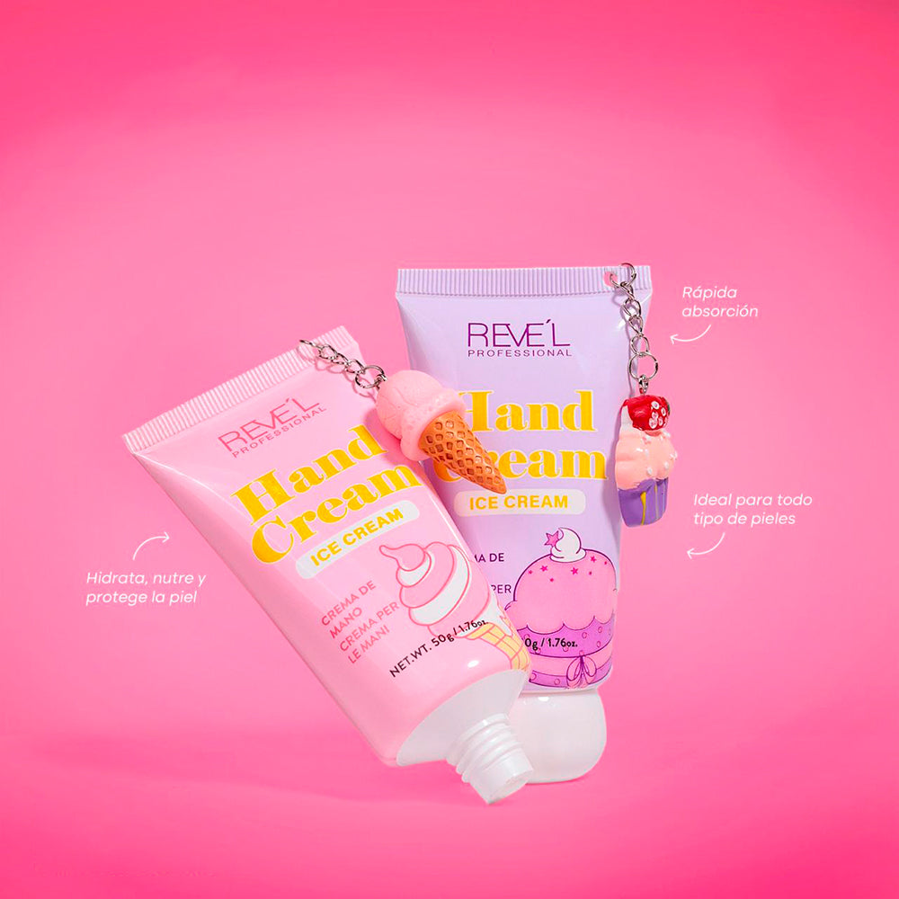 Crema de manos Ice Cream 50g Reve'l Professional con llavero decorativo en diseños cono de helado rosa y cupcake lila de rápida absorción para todo tipo de pieles sobre fondo rosado