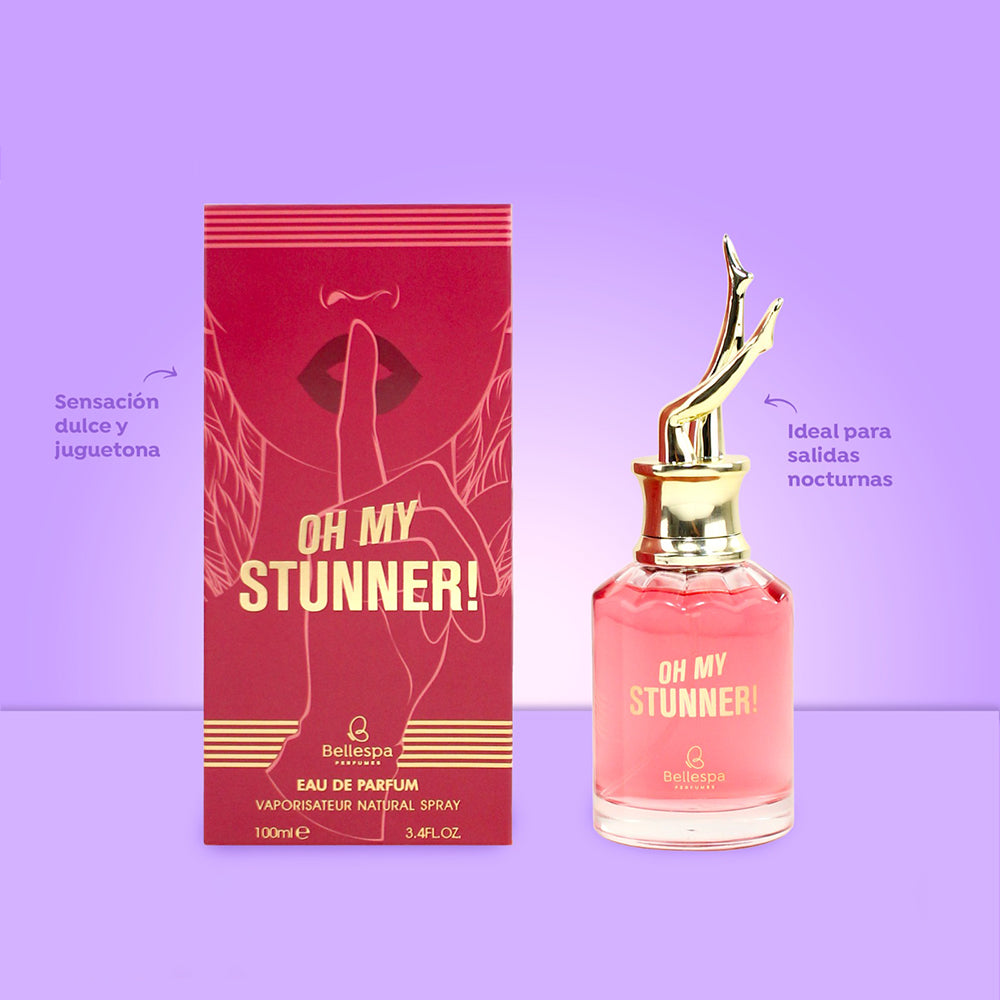 Eau de Parfum Oh My Stunner Bellespa Perfumes 100ml en frasco rosado con tapa dorada y caja roja con detalles dorados