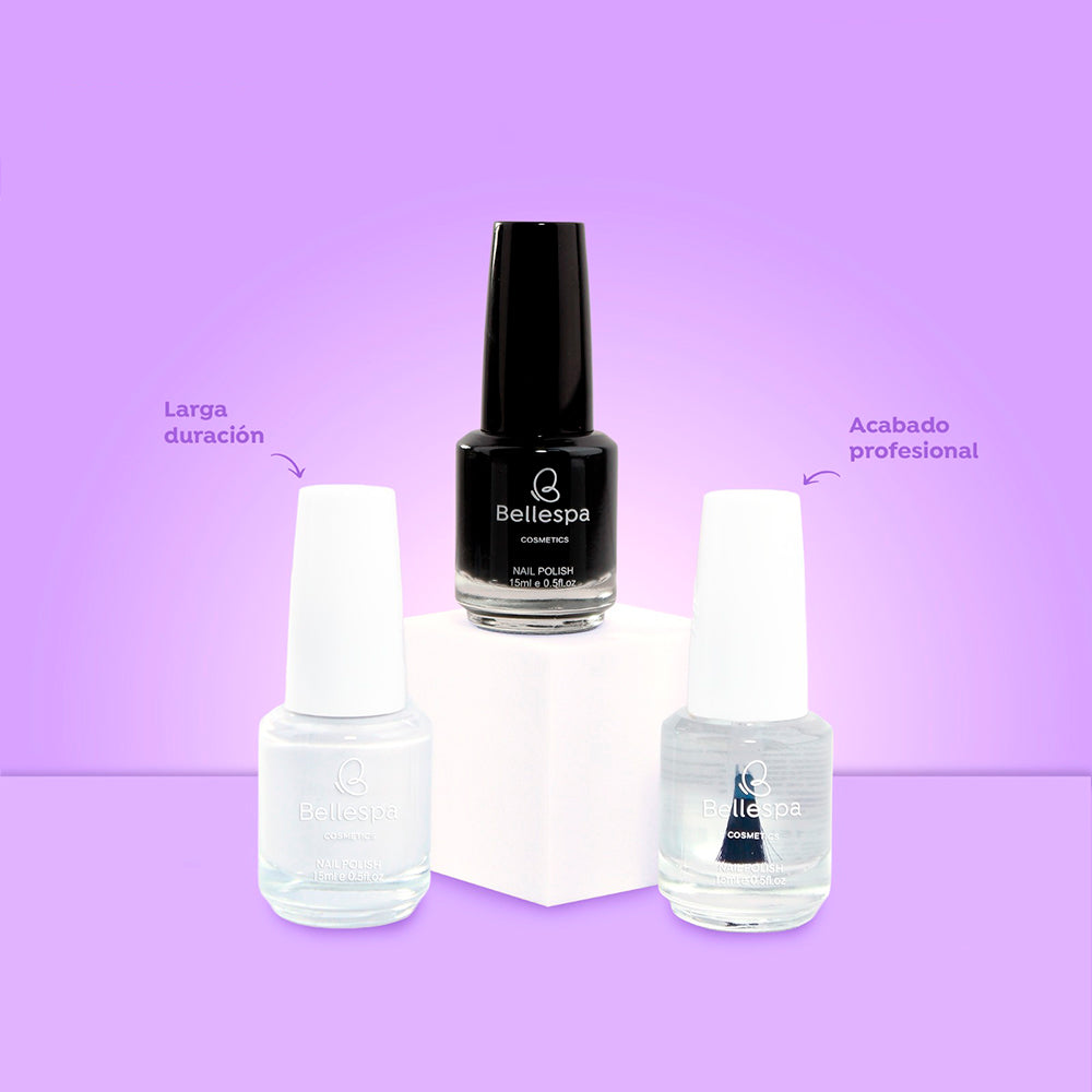 Esmalte de uñas nail polish acabado profesional larga duración 15ml Bellespa Cosmetics en negro blanco y transparente con frasco cilíndrico sobre fondo lila