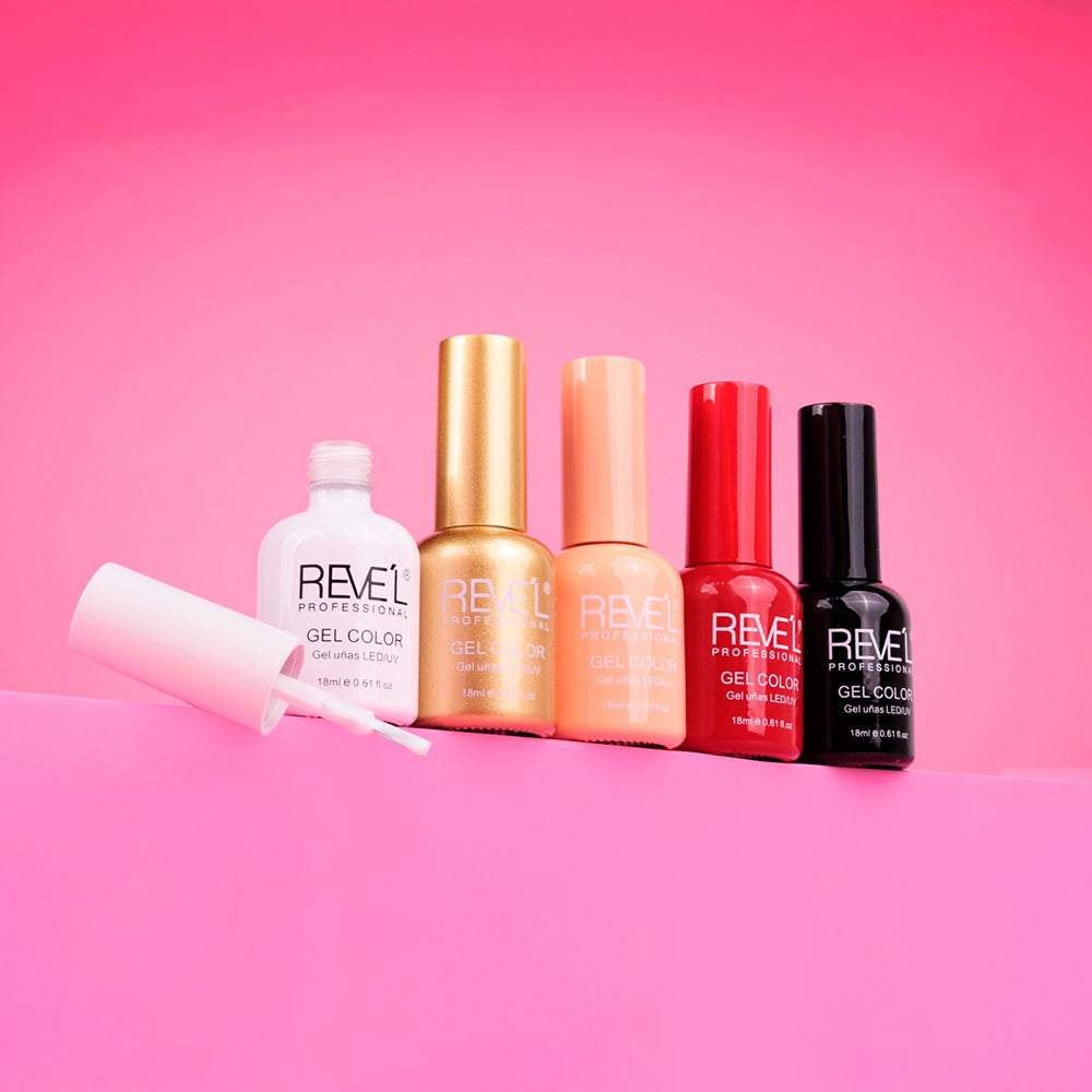 Esmalte gel color LED UV gel uñas profesional 18ml Reve'l Professional en blanco dorado melocotón rojo y negro con tapa de color a juego sobre fondo rosado