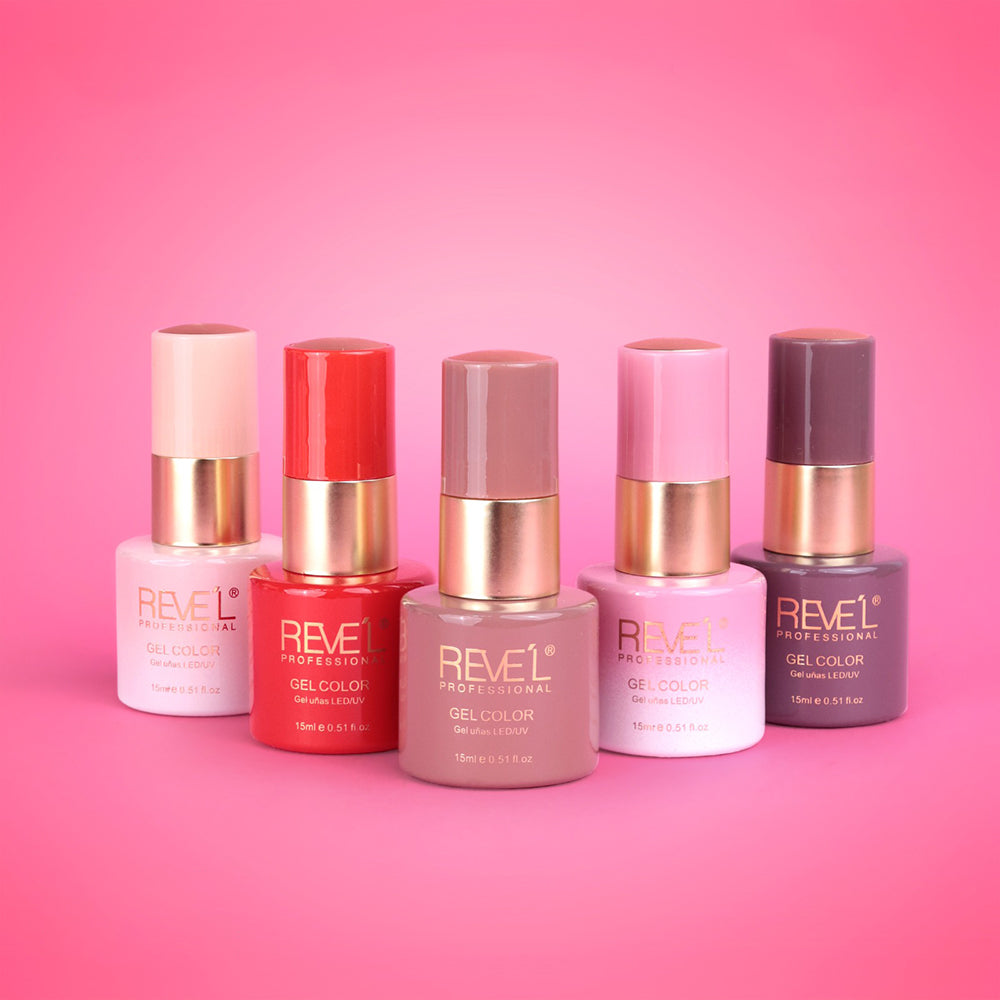 Colección de esmaltes gel color Reve'l Professional para uñas LED/UV 15ml en tonos rosa, rojo coral, mauve, lila y gris malva