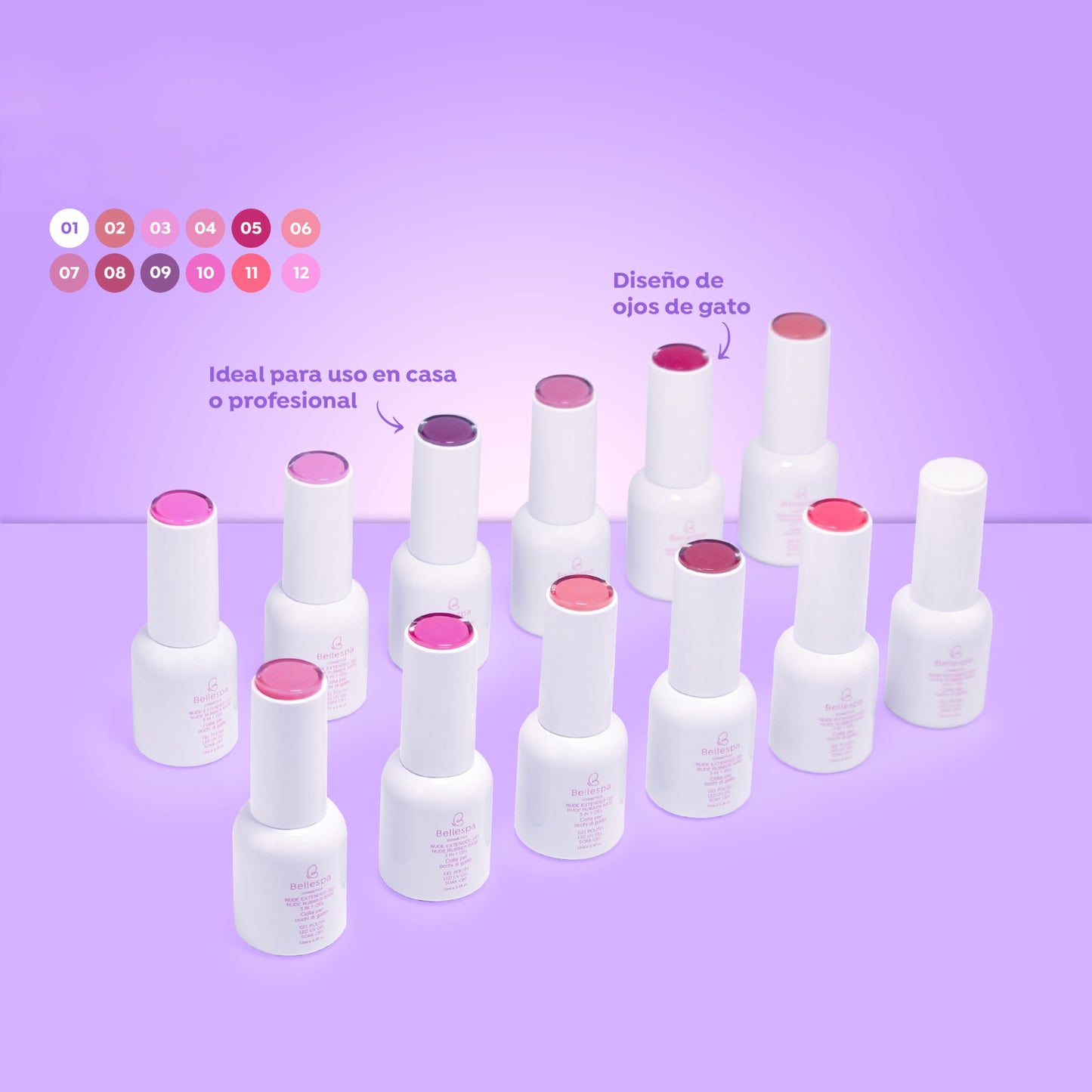 Esmalte Gel Nude Extended 3 en 1 Bellespa Cosmetics colección 12 tonos rosas y morados con diseño ojos de gato
