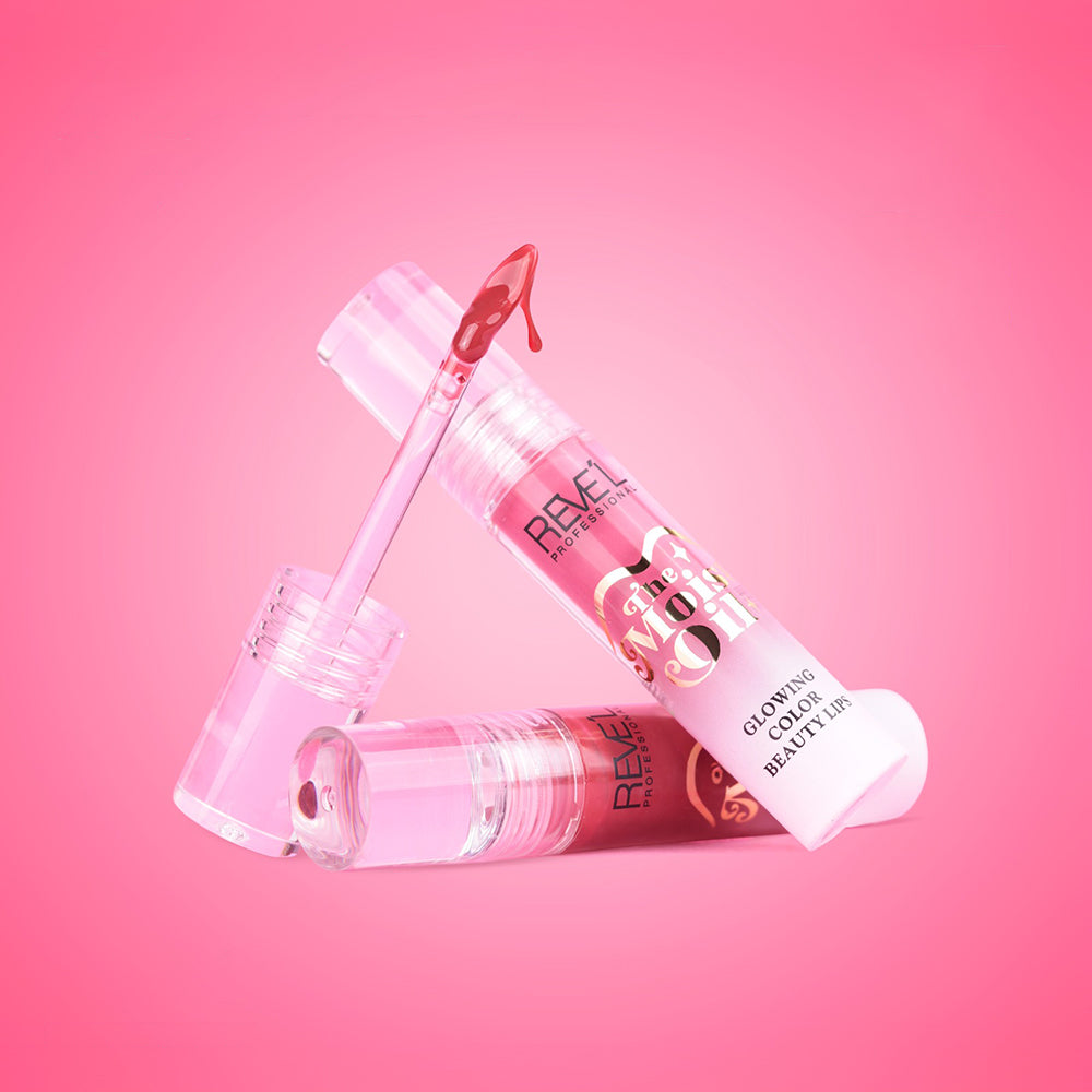 Gloss labial The Moist Oil Reve'l Professional fórmula Glowing Color Beauty Lips en tonos rosado y rojo