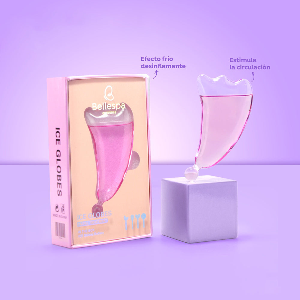 Ice Globes facial efecto frío desinflamante en forma de corazón con caja rosa sobre fondo lila — Bellespa Cosmetics