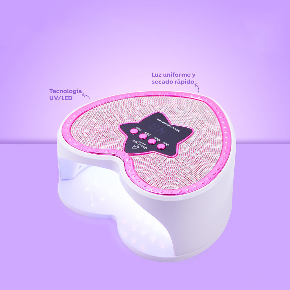 Lámpara UV LED para uñas Bellespa Cosmetics en forma de corazón decorada con estrás rosa, temporizador digital en forma de estrella y tecnología UV/LED de luz uniforme y secado rápido