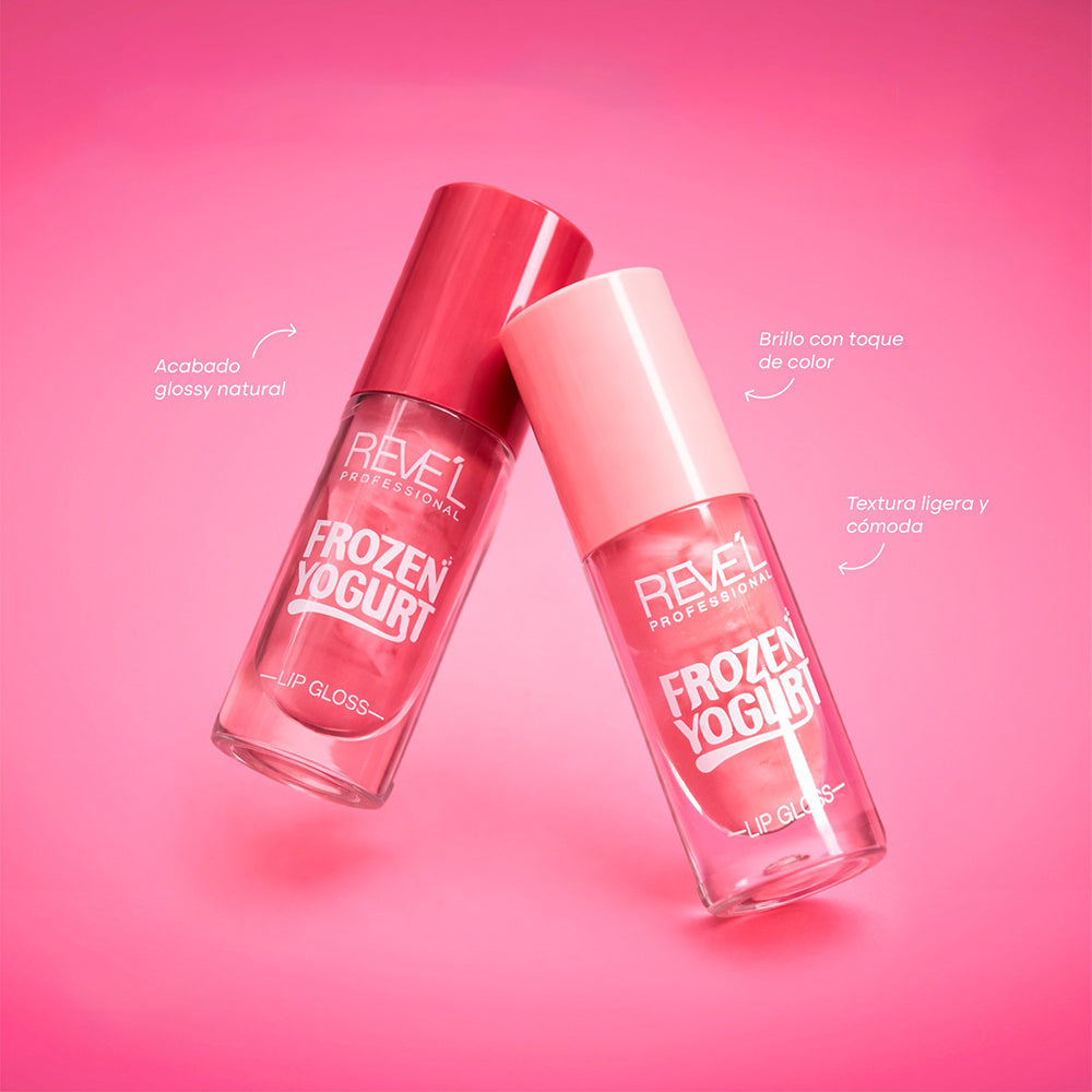 Lip Gloss Frozen Yogurt Reve'l Professional en tonos rojo y rosa, acabado glossy natural con brillo y toque de color, textura ligera y cómoda
