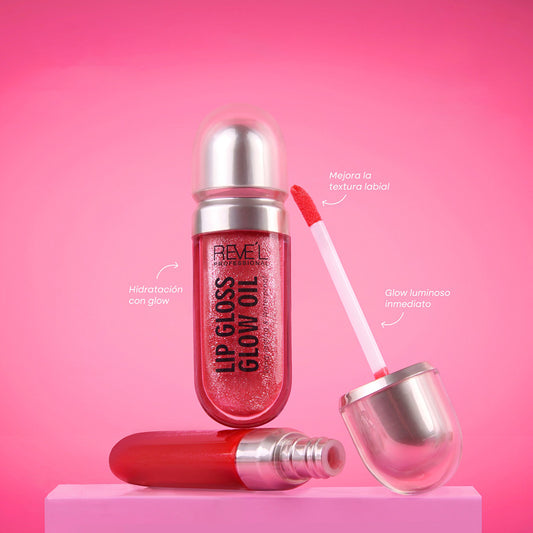 Lip Gloss Glow Oil Reve'l Professional abierto en tono rojo con glitter, glow luminoso inmediato e hidratación visible que mejora la textura labial
