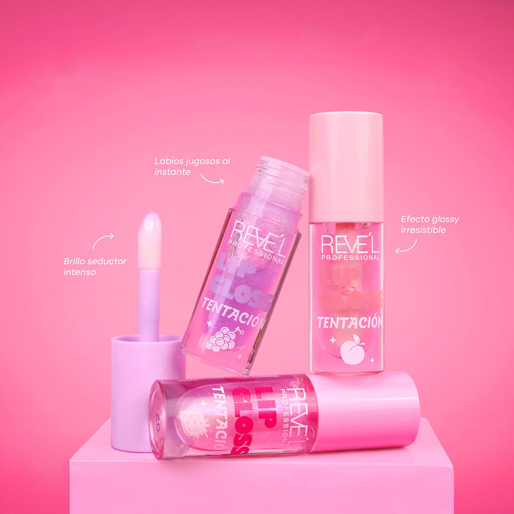 Lip Gloss Tentación Reve'l en 3 sabores uva lila, durazno rosa y fresa fucsia, brillo seductor intenso y efecto glossy irresistible para labios jugosos