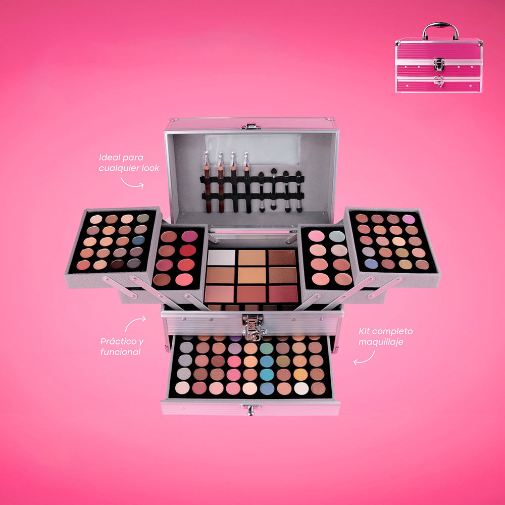 Maletín de maquillaje todo en uno abierto mostrando sombras de ojos, rubores, iluminadores y aplicadores en estuche de aluminio rosa