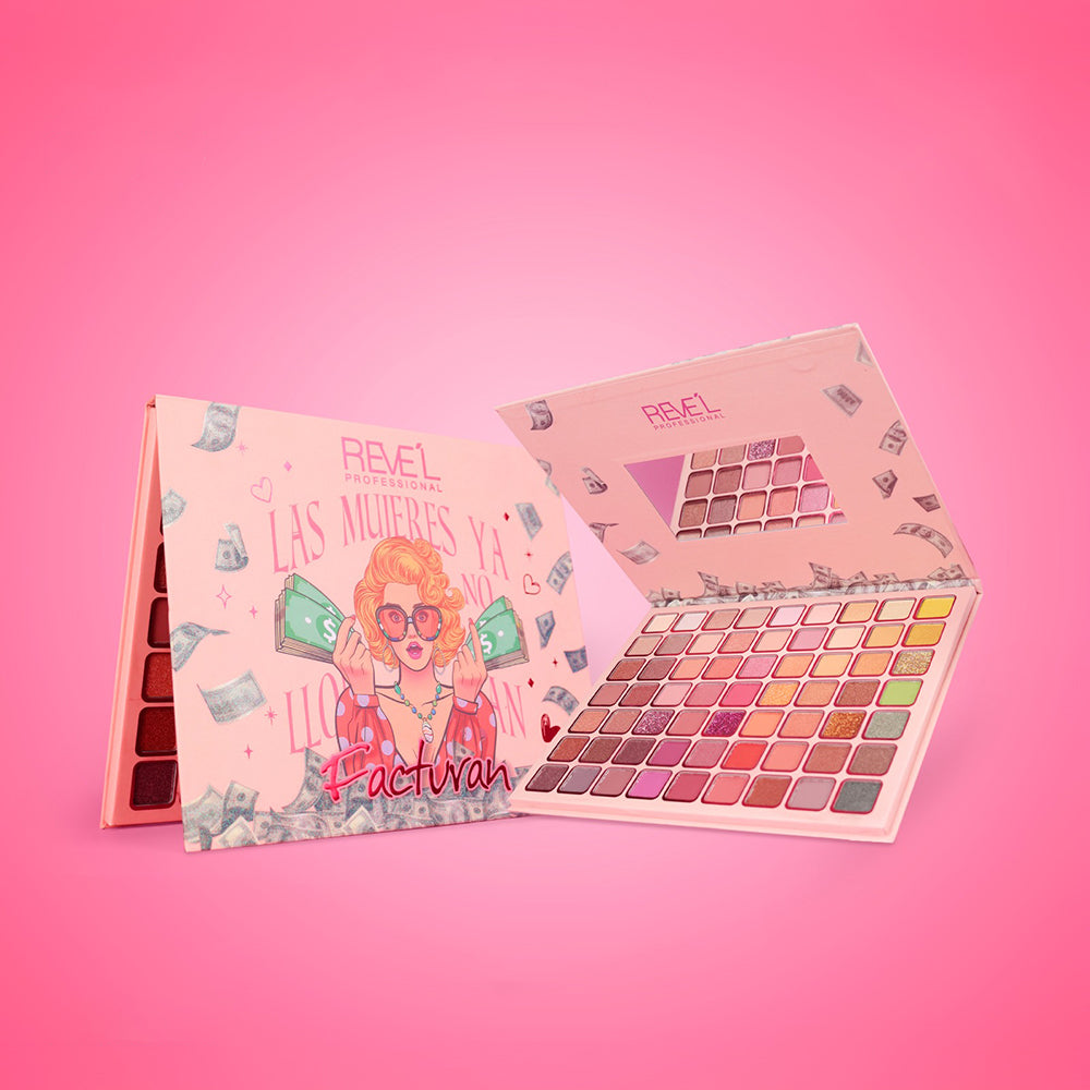 Paleta libro de sombras Facturan de Reve'l Professional abierta mostrando múltiples colores en tonos cálidos, tierra, glitter y vibrantes con acabado matte y shimmer