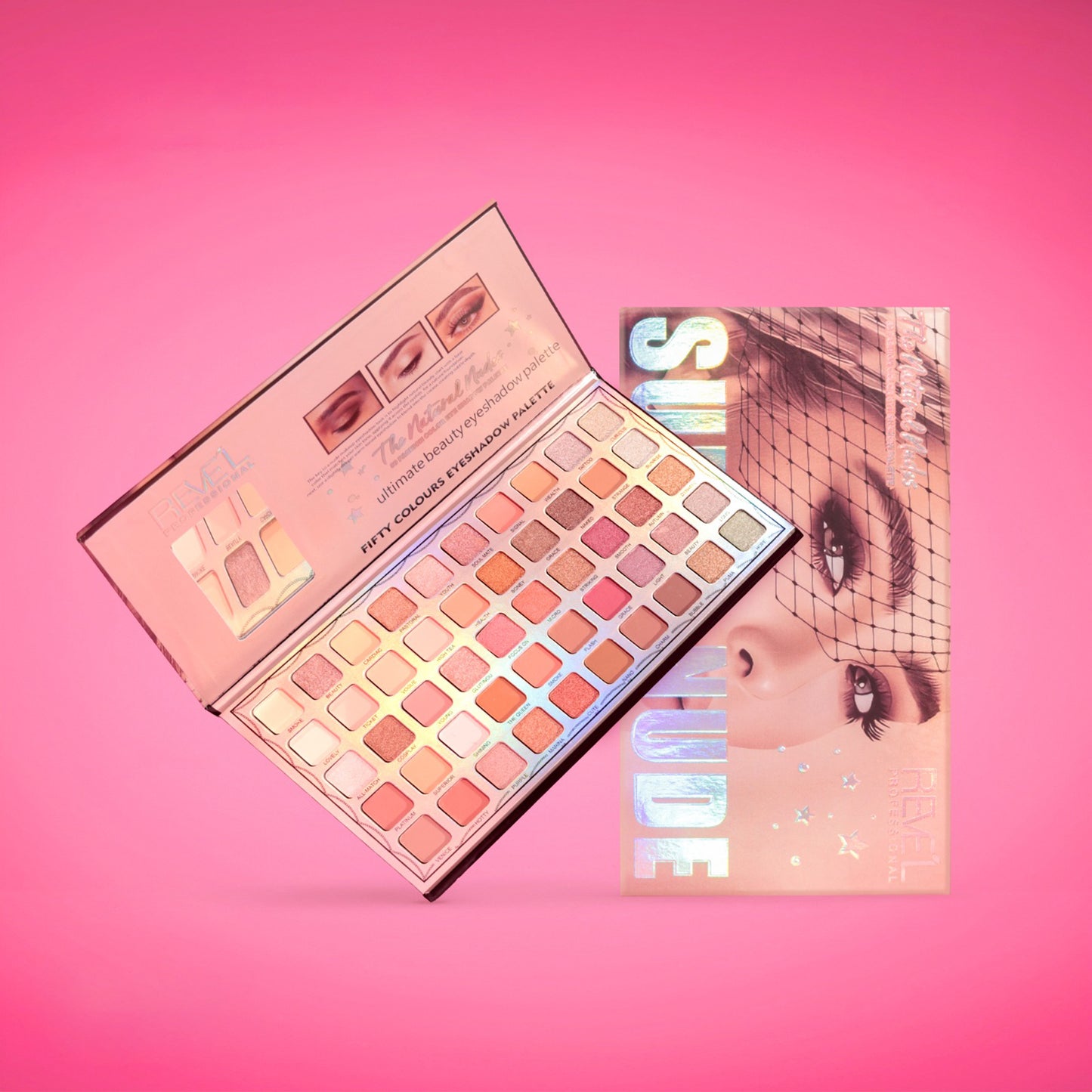 Paleta de sombras Super Nude 50 tonos con acabados luminosos escarchados y matte sobre fondo rosa — Reve'l Professional