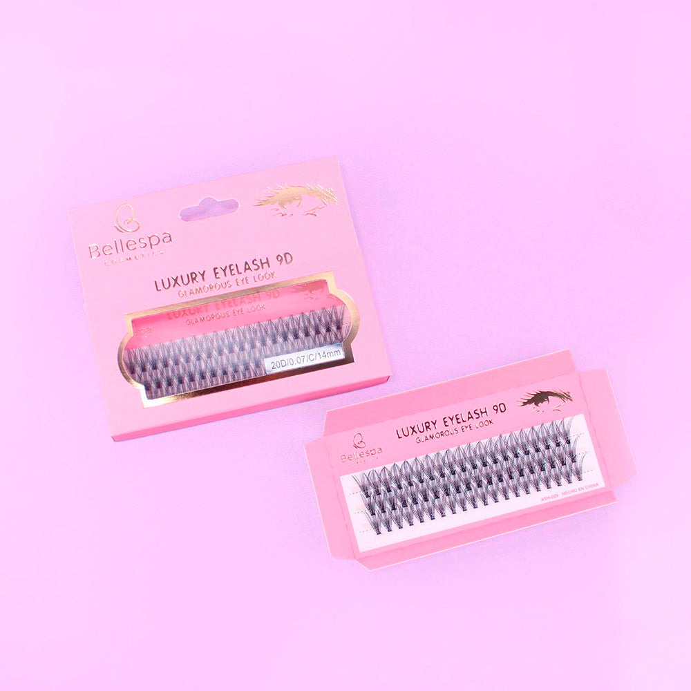 Pestañas postizas luxury eyelash 9D glamorous eye look Bellespa Cosmetics 14mm en empaque rosado y dorado sobre fondo lila