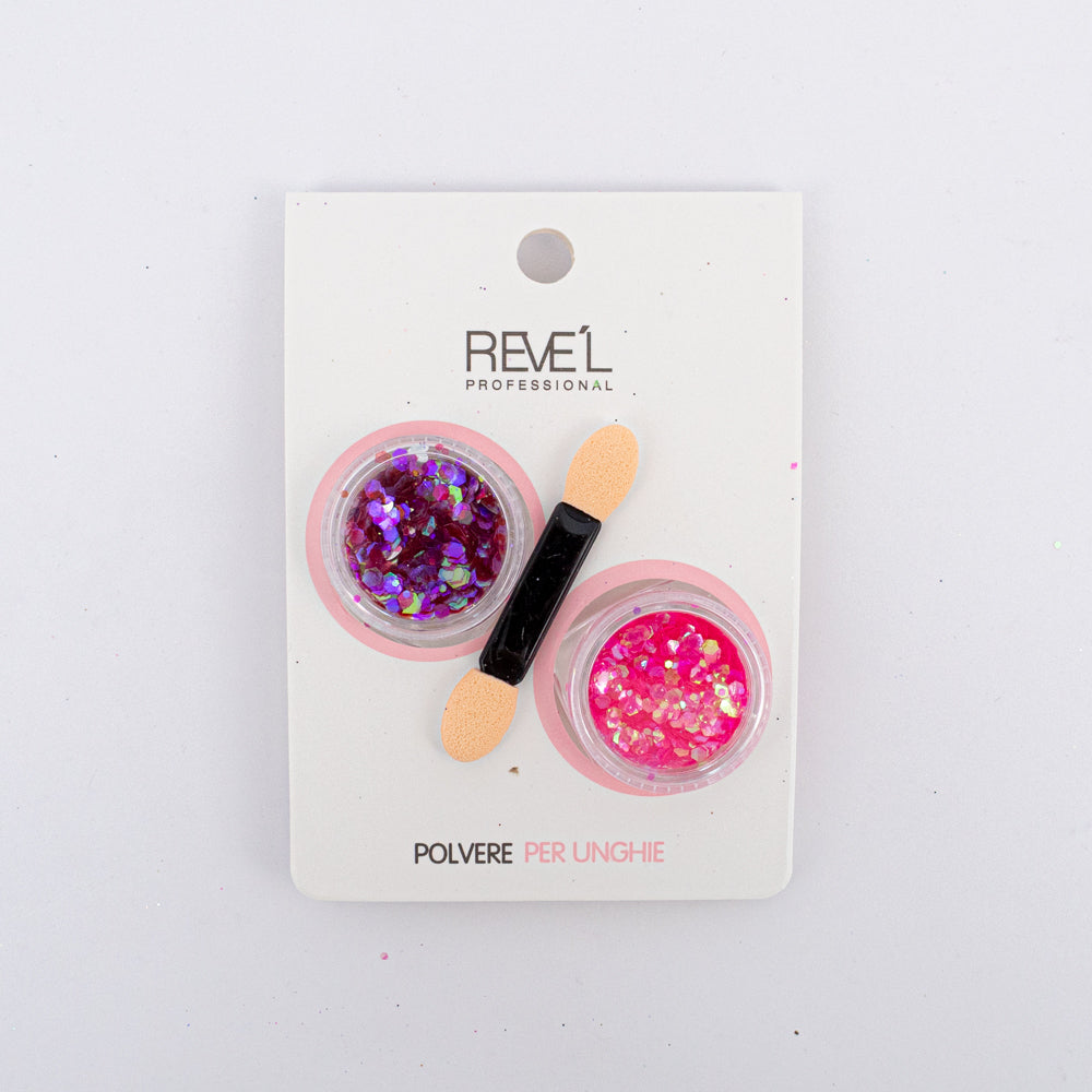Decoración para uñas Revel Professional polvere per unghie glitter chunky fucsia y morado con aplicador sobre fondo blanco