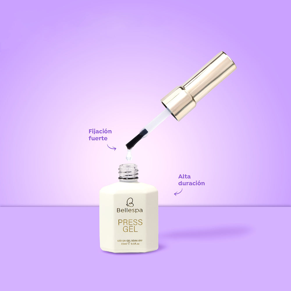 Press Gel Pegamento Uñas LED UV Soak-Off 15ml Bellespa en frasco crema con tapa dorada y pincel aplicador