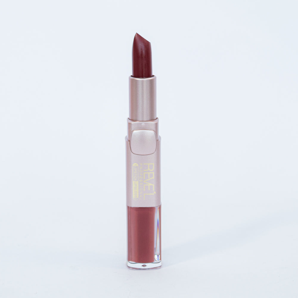 Reve'l labial y lipgloss 2 en 1 matte tono vino en estuche rosa dorado