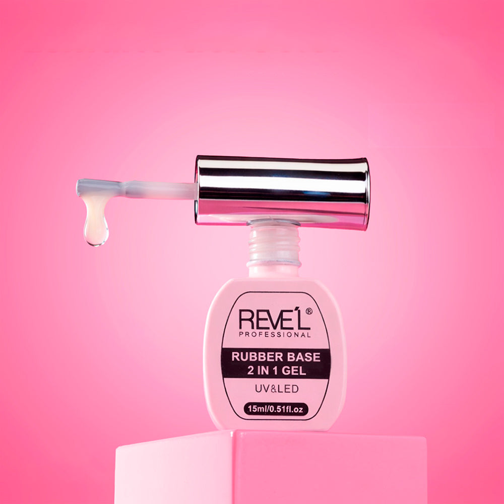 Rubber Base 2 in 1 Gel UV&LED Reve'l – Frasco rosa con tapa plateada y brocha aplicadora, gel transparente, 15ml, fondo rosa