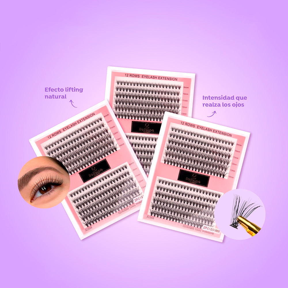 Set 12 rows eyelash extension curl D longitudes mixtas 9mm a 14mm Bellespa AC058, efecto lifting natural intensidad que realza los ojos