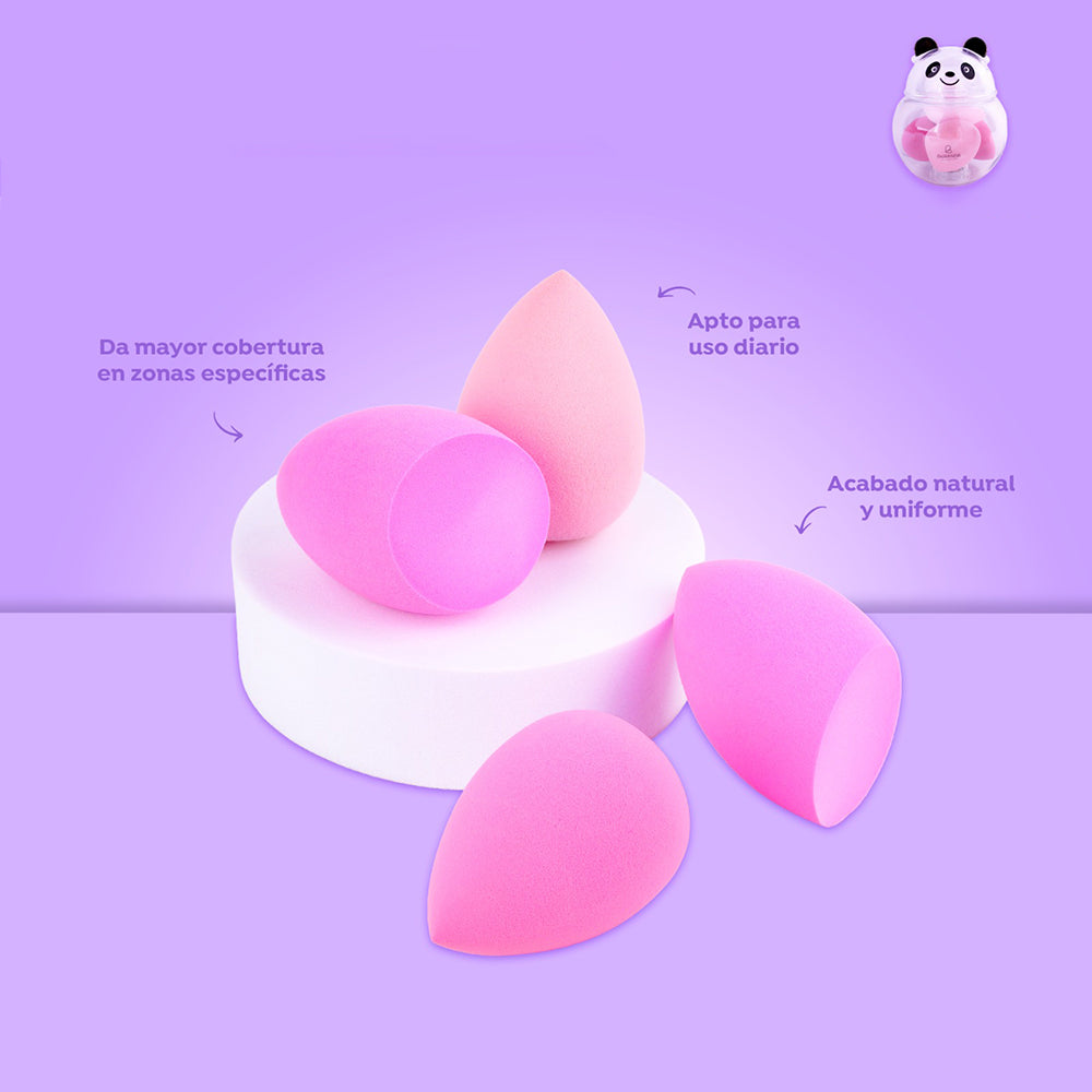 Set 4 Blenders Clásicos Acabado Natural Bellespa – Cuatro esponjas en tonos rosados de diferentes formas sobre fondo lila con empaque osito panda