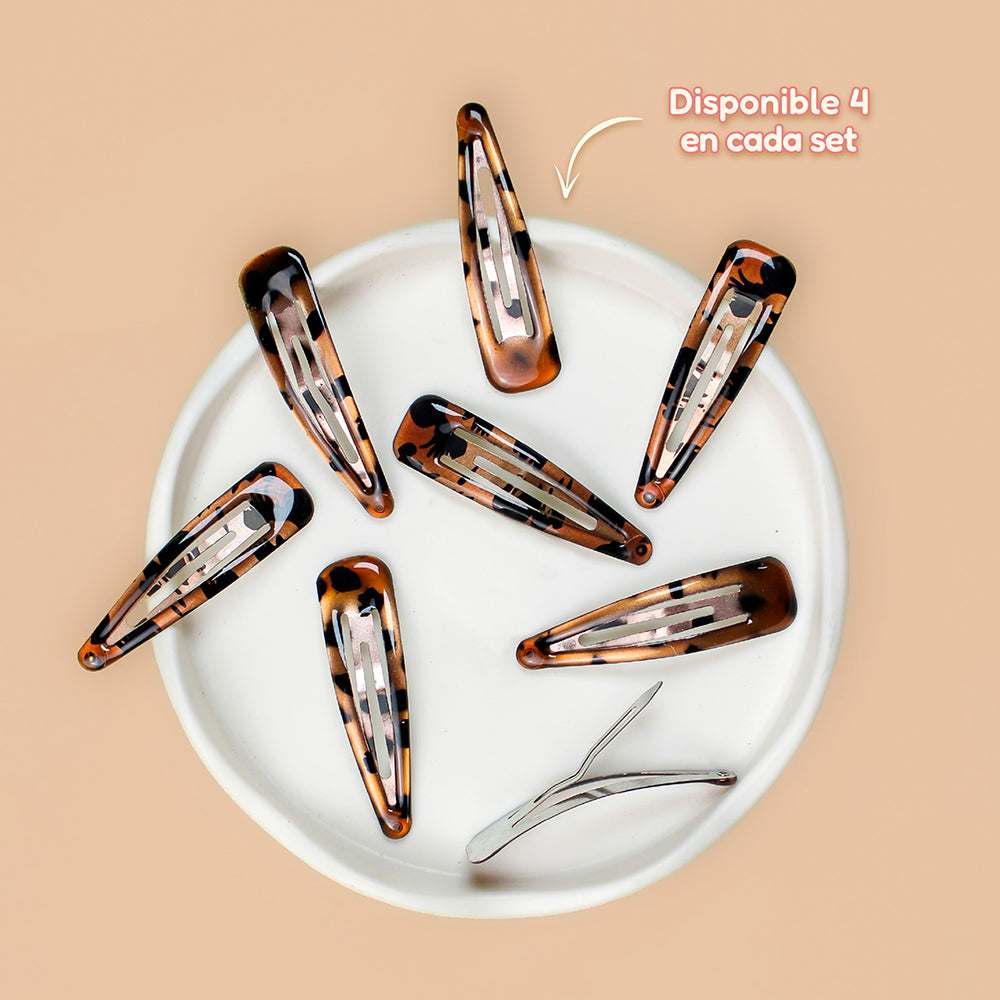 Set de 4 ganchos tic tac carey grande diseño marrón atigrado con brillo tornasolado