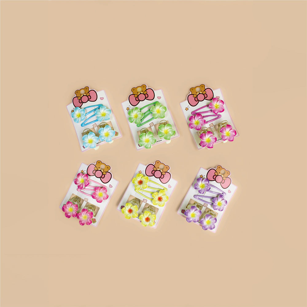 Set de gancho clip y tic tac con flor hawaiana en 6 colores pastel celeste verde fucsia rosado amarillo y morado