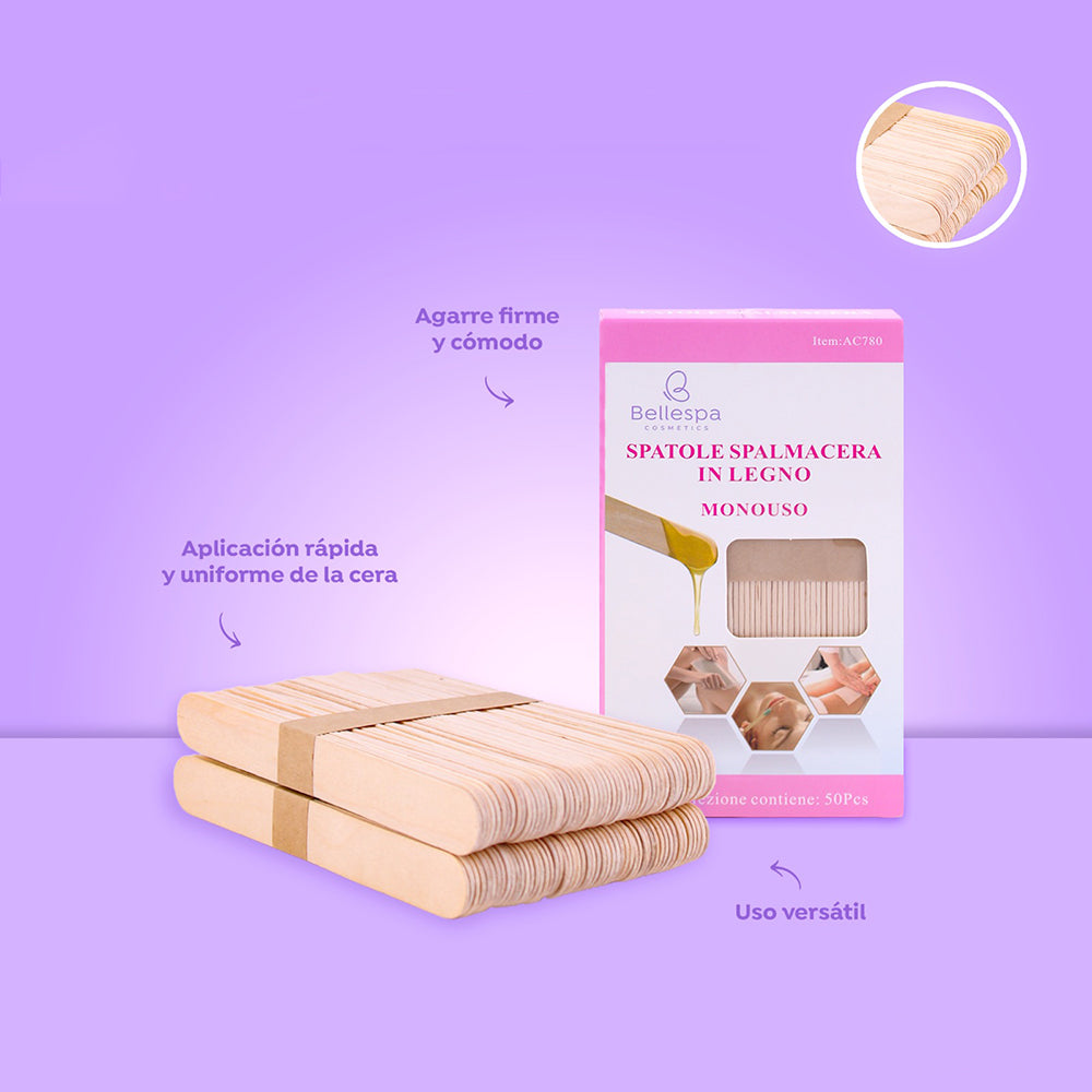 Set de 50 espátulas de madera desechables Bellespa Cosmetics para aplicación de cera facial y corporal con agarre firme y uso versátil sobre fondo lil