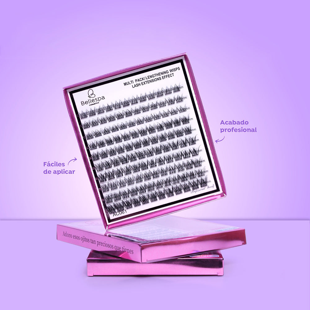 Set multi pack lengthening wisps lash extensions Bellespa, longitudes 9mm a 14mm de acabado profesional fácil de aplicar