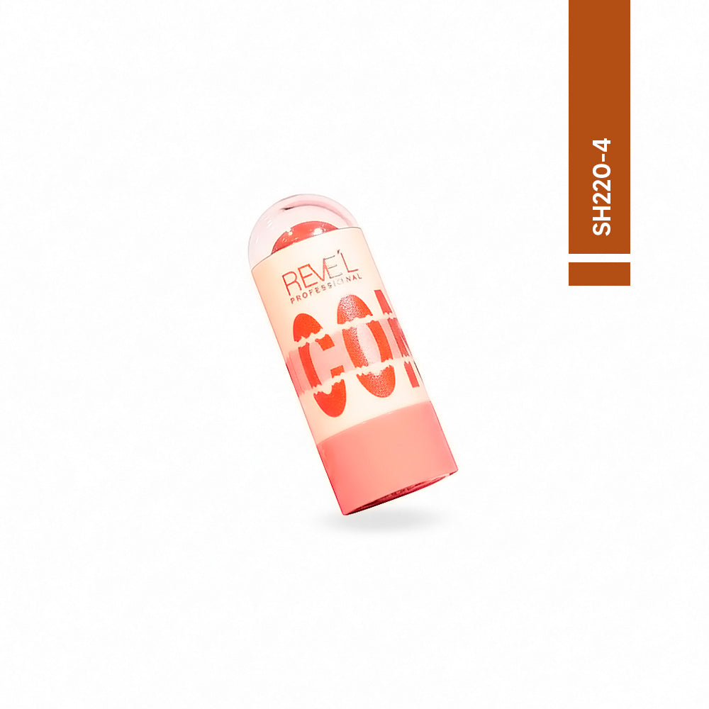 Contorno facial en barra Reve'l Professional tono 4 oscuro bronceado empaque rosa con tapa transparente sobre fondo blanco