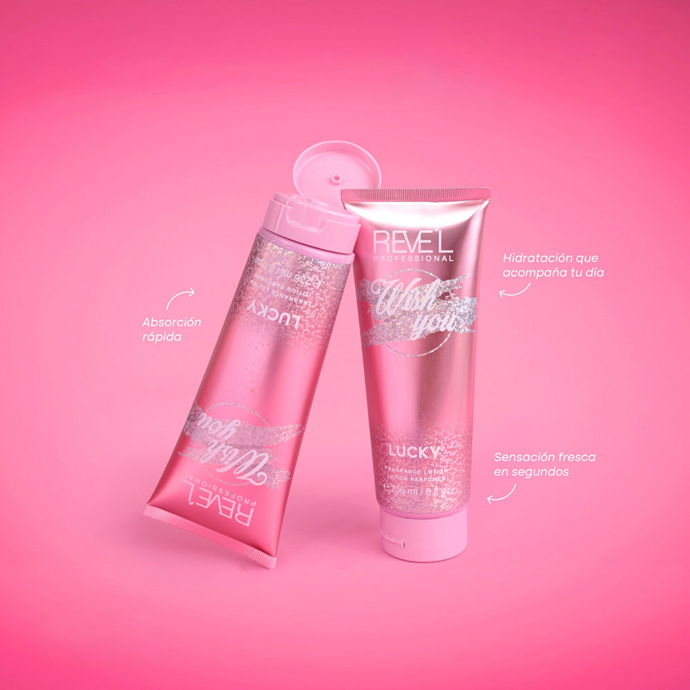 Wish You Lucky Loción Corporal Perfumada 236ml Reve'l Professional con diseño holográfico plateado y rosa metálico en dos tubos