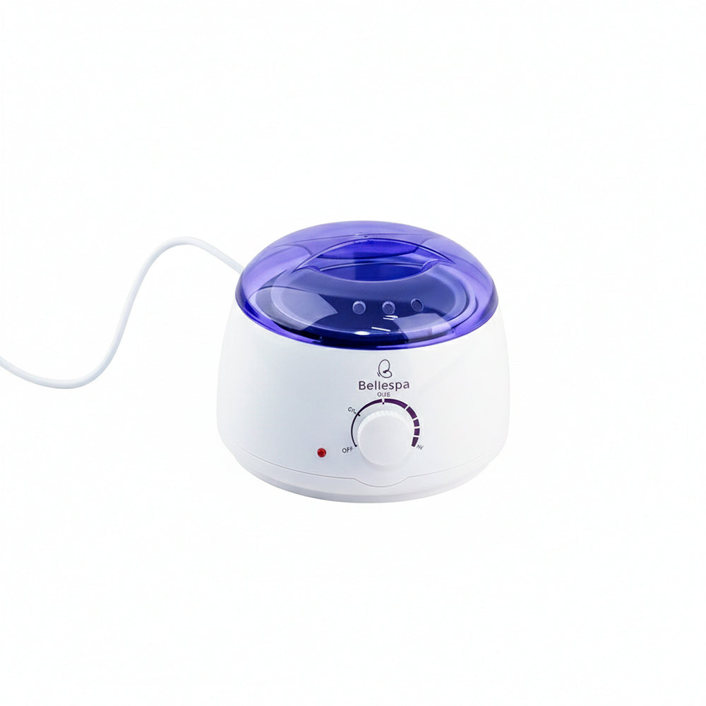 Ollita calentadora de cera en grano Bellespa color blanco con tapa azul y control de temperatura ajustable