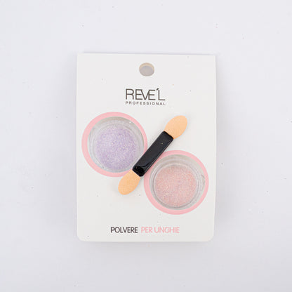 Decoración para uñas Revel Professional polvere per unghie polvo fino lila y rosa con aplicador sobre fondo blanco