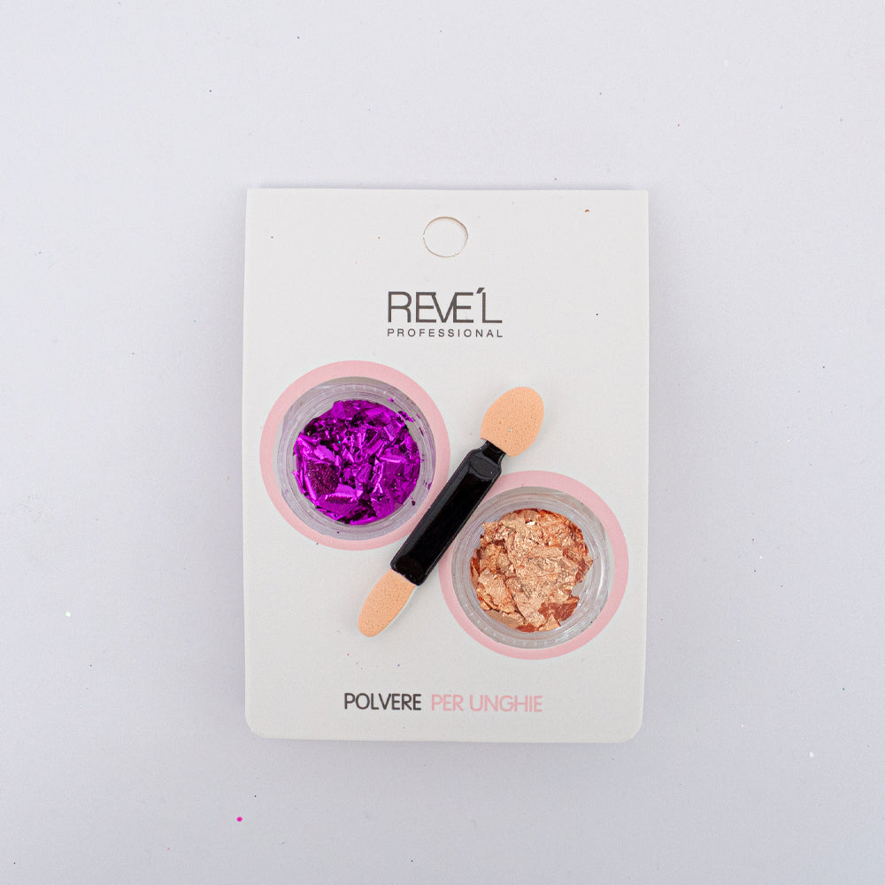 Decoración para uñas Revel Professional polvere per unghie lámina morado y bronce con aplicador sobre fondo blanco