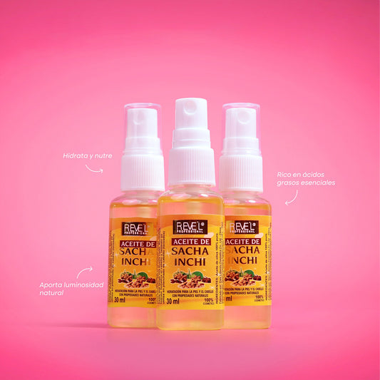 Aceite de Sacha Inchi Capilar Reve'l 30ml en spray, rico en ácidos grasos esenciales que hidrata nutre y aporta luminosidad natural al cabello
