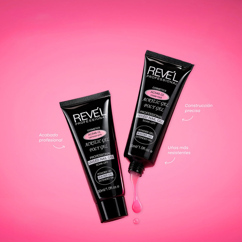 Acrylic Poly Gel UV/LED Soak-Off 30ml Reve'l Professional en tonos carnation pink y rose-red, construcción precisa para uñas más resistentes y acabado profesional