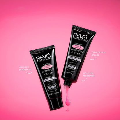 Acrylic Poly Gel UV/LED Soak-Off 30ml Reve'l Professional en tonos carnation pink y rose-red, construcción precisa para uñas más resistentes y acabado profesional