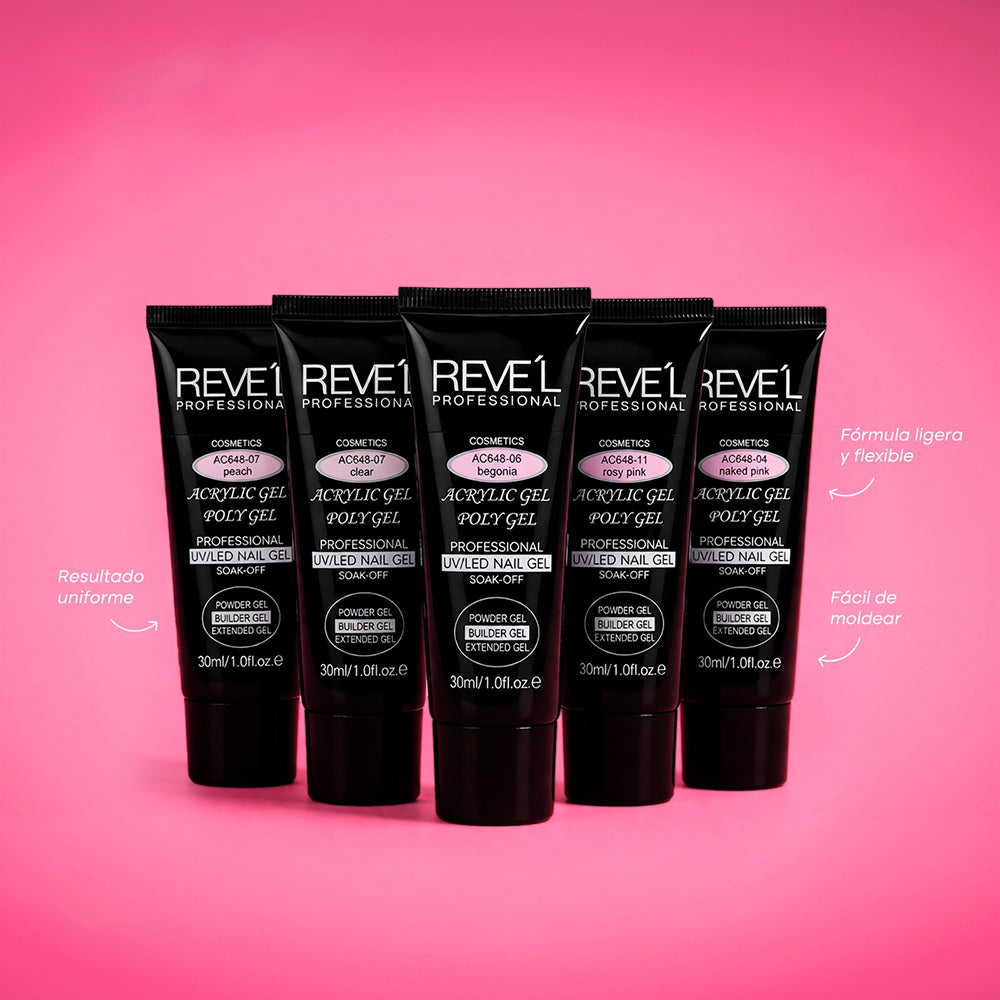 Acrylic Poly Gel UV/LED Soak-Off 30ml Reve'l Professional fórmula ligera y flexible, disponible en variedad de tonos para uñas uniformes y duraderas