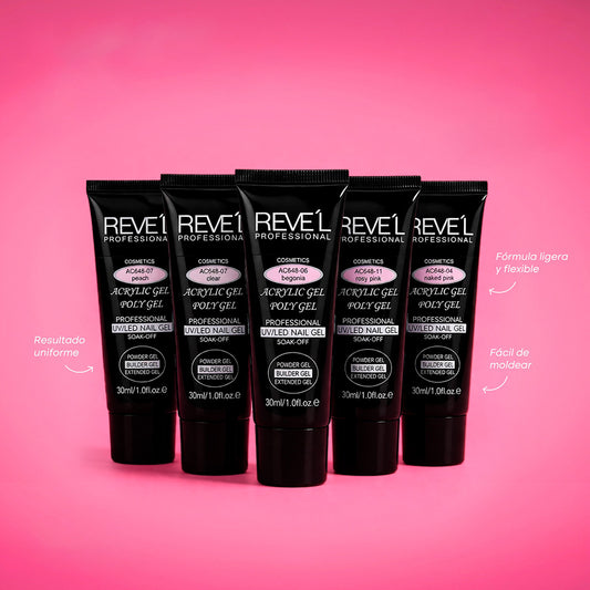Acrylic Poly Gel UV/LED Soak-Off 30ml Reve'l Professional fórmula ligera y flexible, disponible en variedad de tonos para uñas uniformes y duraderas