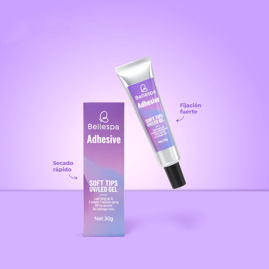 Adhesive Pegamento Tips Uñas Soft UV/LED Gel 30g Bellespa en tubo plateado con caja morada degradada