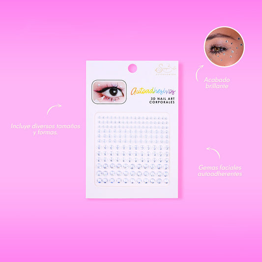 Set de gemas faciales autoadhesivas 3D tipo diamante en diversos tamaños con acabado brillante sobre fondo rosa — Siempre Bella Accesorios