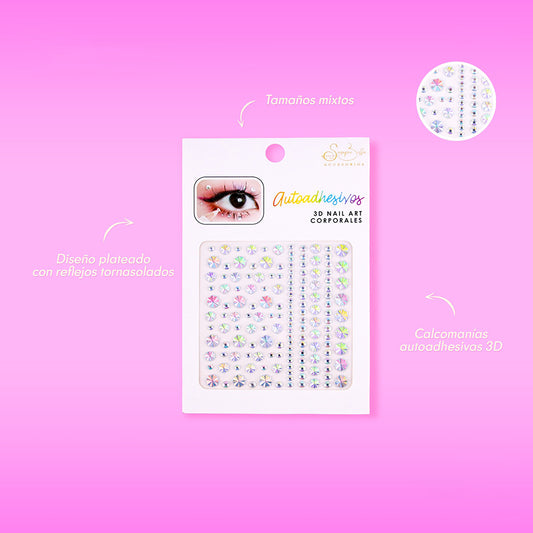 Set de calcomanías autoadhesivas 3D glow tornasoladas en tamaños mixtos para maquillaje facial y corporal sobre fondo rosa — Siempre Bella Accesorios