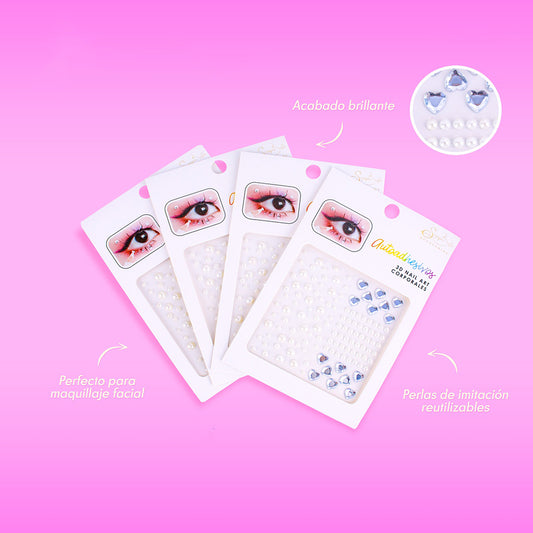 Set de perlas autoadhesivas 3D reutilizables para maquillaje facial y corporal con acabado brillante sobre fondo rosa — Siempre Bella Cosmetics