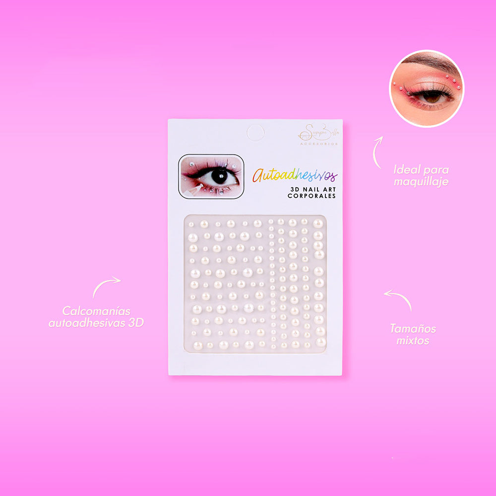 Set de calcomanías autoadhesivas 3D perladas en tamaños mixtos para maquillaje facial sobre fondo rosa — Siempre Bella Accesorios