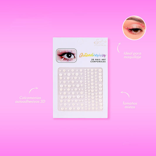Set de calcomanías autoadhesivas 3D perladas en tamaños mixtos para maquillaje facial sobre fondo rosa — Siempre Bella Accesorios