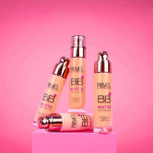 Base BB Matte Liquid Foundation 12 horas Reve'l Professional en múltiples tonos, acabado mate suave y uniforme para uso diario