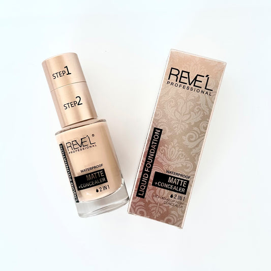 Base líquida matte waterproof 2 en 1 con corrector integrado y caja dorada — Reve'l Professional 30 ml